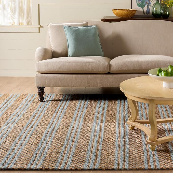 Martha Stewart X SAFAVIEH Collection Area Rug - 8' x 10', Natural & Light Blue, Handmade Wool & Jute, Ideal for Living Room, Bedroom, Dining Space (MSR9528L)