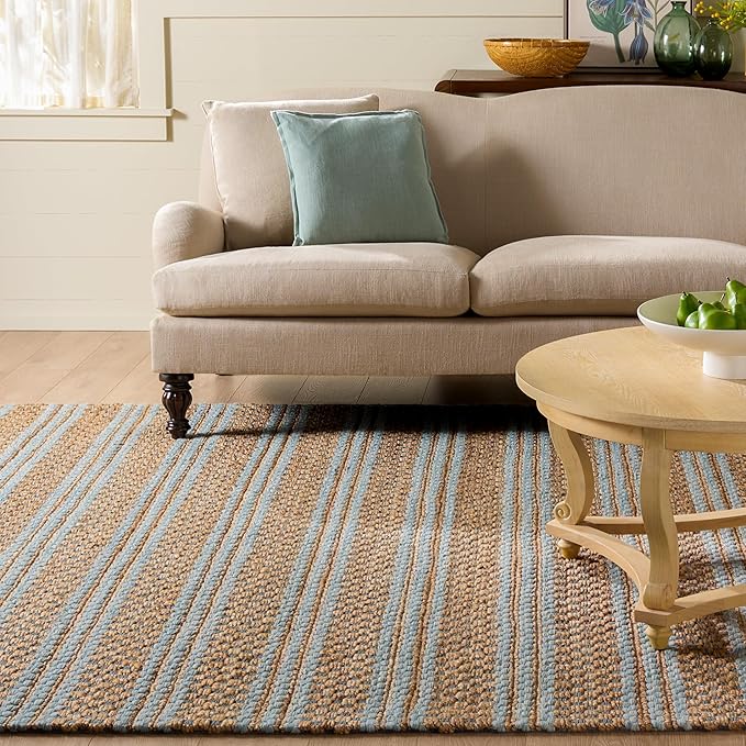 Martha Stewart X SAFAVIEH Collection Area Rug - 8' x 10', Natural & Light Blue, Handmade Wool & Jute, Ideal for Living Room, Bedroom, Dining Space (MSR9528L)