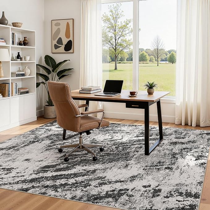 DMOYEST 6x9 Washable Area Rug: Abstract Modern Non-Slip Carpet, Soft Low Pile Indoor Neutral Easy Clean Floor Rugs for Living Room Bedroom Dining Room Kids & Pets - Black