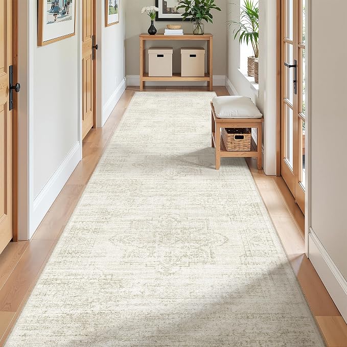 2'6 x 10' Runner Rug Non Slip,Washable Kitchen Rugs,Beige | 10 ft Runner Rug for Hallway,Entryway,Bedroom,Bathroom,Living Room,Thin,Soft, Long Rug,Stain Resistant Indoor Carpet