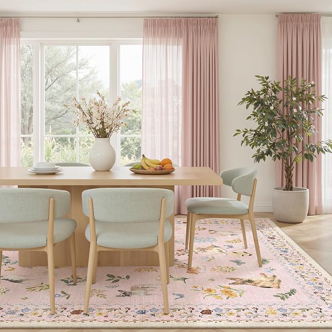 Soalmost Dog 8x10 Pink Area Rugs for Baby Girl Nursery, Washable Soft Rug | Floral Vintage Cute Animal Non-Slip Low Pile Throw Rugs for Living Room Dining Room Bedroom Playroom Classroom 8' x 10'