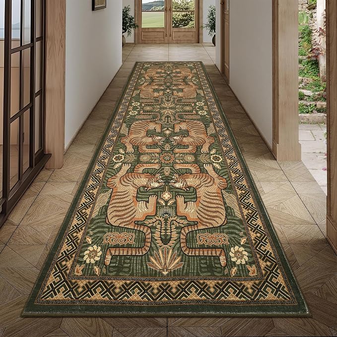 GarveeHome Tiger Print 2'6"x8' Washable Non Slip Runner Rugs for Hallways, Boho Green Kitchen Runner Ultra Thin Soft Vintage Tribal Indoor Throw Floor Carpet for Entryway Bedroom Bathroom