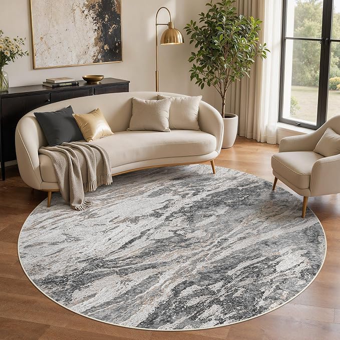 Area Rugs for Living Room: 6ft Round Abstract Washable Rug Modern Neutral Large Soft Stain Resistant Non-Slip for Bedroom Dining Room Indoor Home Office Carpet - Tapue