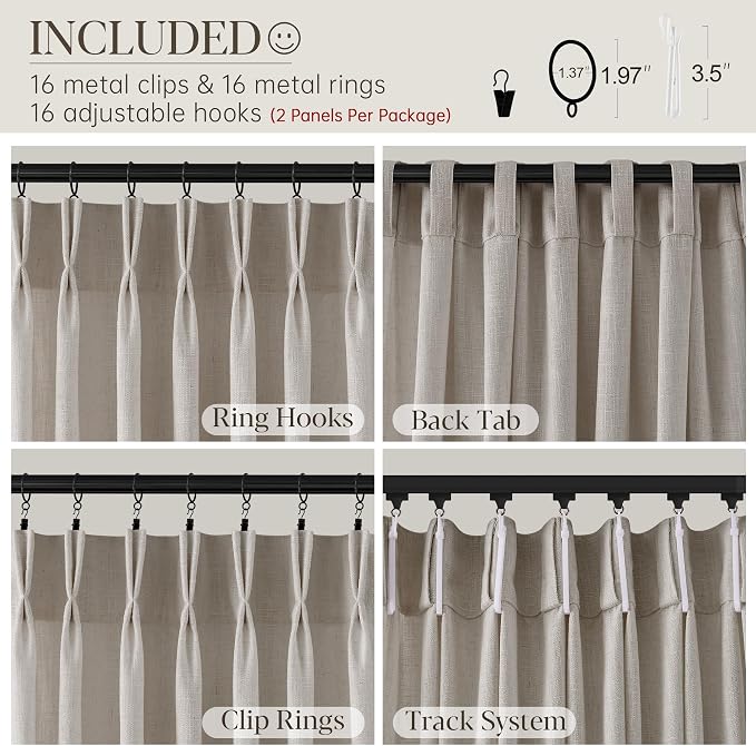 Pinch Pleated Linen Curtains 108 Inches Long 2 Panels for Living Room Bedroom Light Filtering Curtain Memory Shape Trained Pinch Pleat Thick Linen Drapes Back Tab with Hooks Clip Rings Taupe