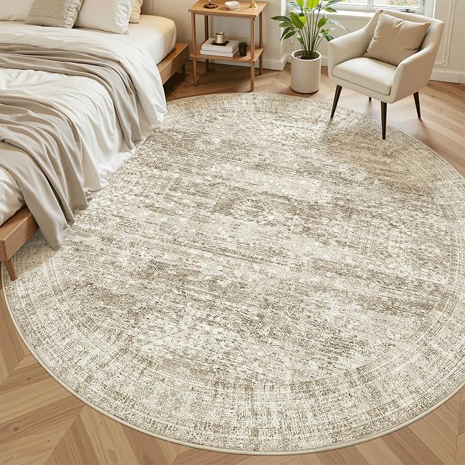 Soalmost 8ft Round Rug Brown/Ivory, Living Room Circle Rug Vintage Round Area Rug Non Slip Indoor Carpet for Apartment