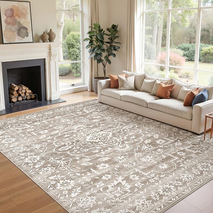 Soalmost 8x10 Area Rugs for Living Room, Washable Neutral Rug Light Brown | Vintage Floral Stain Resistant Non-Slip Low Pile Large Carpet for Dining Room Bedroom Home Office Nursery Grey, 8'x10'