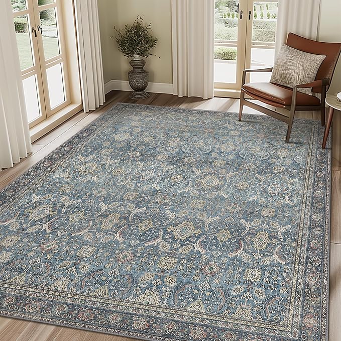BESBLEE 9X12 Area Rugs Machine Washable Rugs for Living Room, Vintage Boho Large Rugs for Bedroom Dining Room, Non Slip Indoor Soft Distressed Lightweight Thin Low Pile Carpet, Vintage Blue