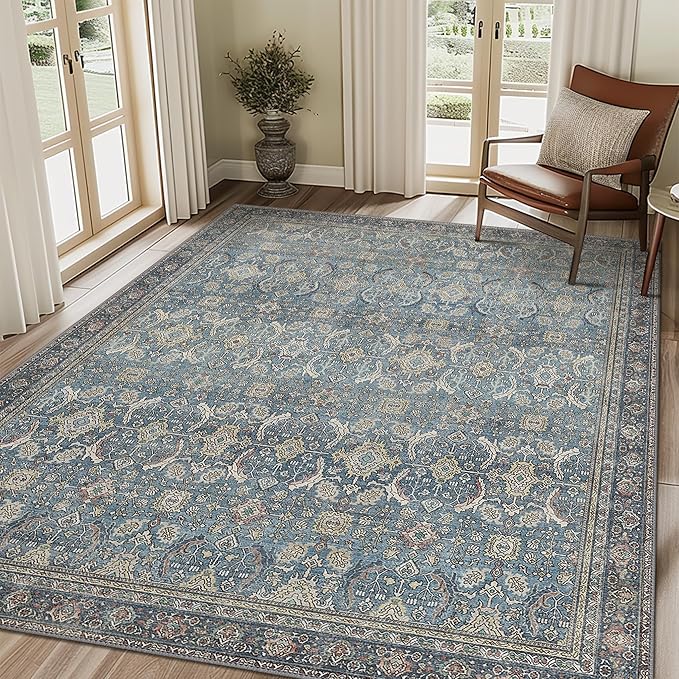 BESBLEE 4X6 Area Rugs Machine Washable Rugs for Living Room, Vintage Boho Large Rugs for Bedroom Dining Room, Non Slip Indoor Soft Distressed Lightweight Thin Low Pile Carpet, Vintage Blue