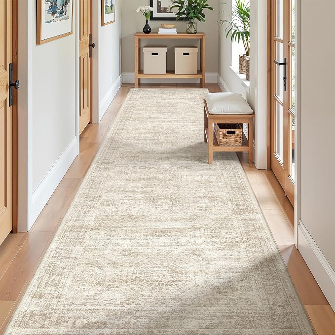 2'6 x 10' Runner Rug Non Slip,Washable Kitchen Rugs,Beige | 10 ft Runner Rug for Hallway,Entryway,Bedroom,Bathroom,Living Room,Thin,Soft, Long Rug,Stain Resistant Indoor Carpet
