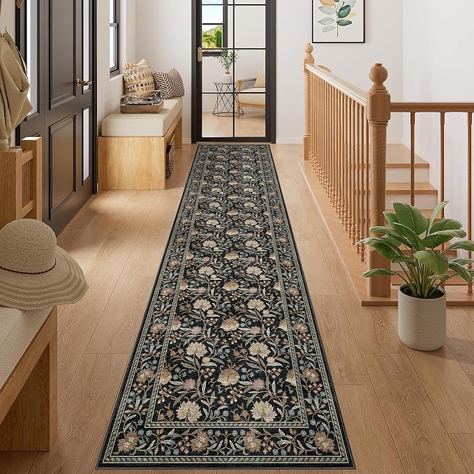 DUKINO 2x10 Runner Rug for Hallway, Washable Vintage Floral Rug, Black | Non Slip, Low Pile, Non-Shedding, Stain Resistant Soft Long Runner Carpet for Kitchen Bathroom Entryway Bedroom Farmhouse