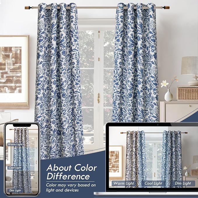 DriftAway Julia 100% Blackout Curtains Grommet 2 Panels, W52xL96, Navy | Floral Curtains, Bedroom, Living Room, Linen Blend, Watercolor Pattern, 2 Layers, Thermal Insulated, Window Treatment