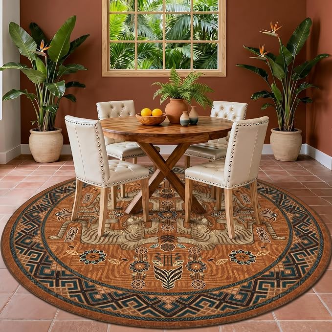 GarveeHome Tiger Round Area Rugs for Living Room, 8ft Boho Orange Animal Print Circle Rugs Non Slip, Washable Vintage Tribal Floor Carpet for Dining Room Entryway Nursery Playroom Office