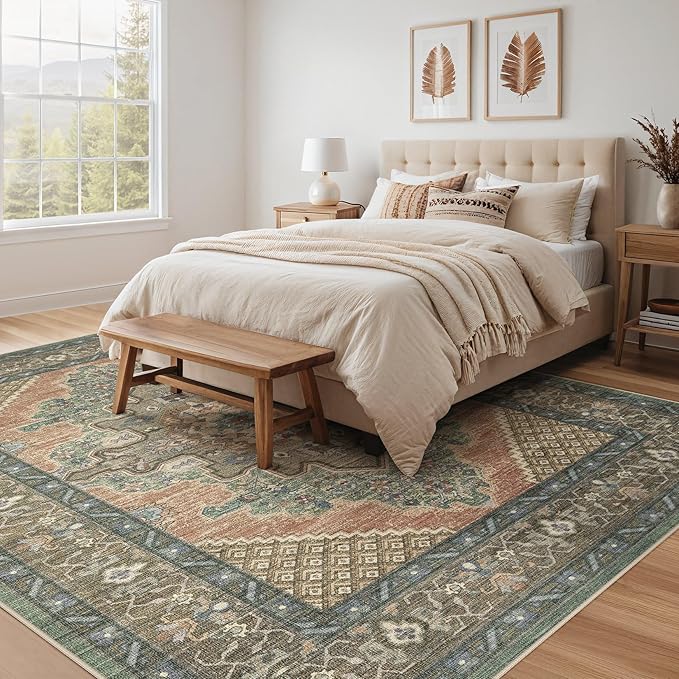 Tortania Area Rug Living Room Rugs - 5x7 Washable Boho Rug Vintage Oriental Distressed Farmhouse Large Thin Indoor Carpet for Living Room Bedroom Under Dining Table Home Office - Sage Terracotta