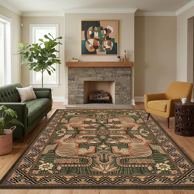 GarveeHome Tibetan Tiger 8x10 Washable Area Rugs for Living Room, Boho Tribal Green Soft Animal Print Throw Rug Vintage Non Slip Ultra Thin Stain Resistant Floor Carpet for Office Bedroom