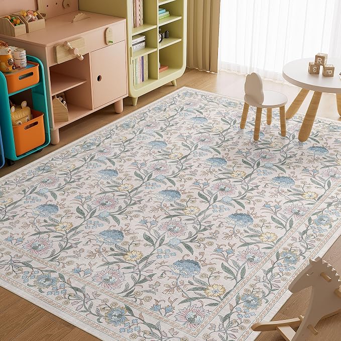 DUKINO 8x10 Area Rug Vintage Floral Washable Rug for Living Room Cream Blue | Non Slip, Low Pile, Non-Shedding, Stain Resistant Boho Soft Indoor Large Carpet for Bedroom Dining Room Farmhouse, Home Decor