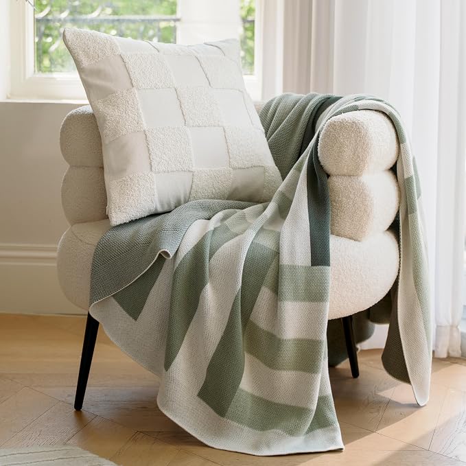 Double Stitch 100% Cotton Throw Pillow Covers - Checkered Tufted Boho Decorative Pillow Covers 18x18, Made in India, Square Cushion Case, Modern Home Decor for Couch, Sofa, Living Room, Cream