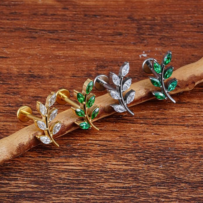 FINE4U 1PC Leaf Flat Back Stud Flat, Helix, Conch, Tragus 6mm 8mm - ASTM F136 Titanium Screw on Body Piercing Jewelry