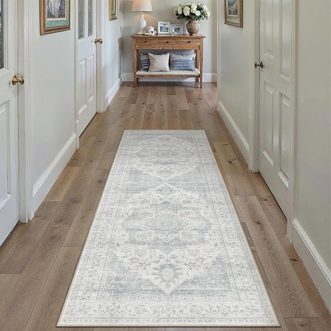 HUGEAR 2x6 Runner Rug Machine Washable Area Rug Blue Hallway Rugs Room Decor Vintage Distressed Low Pile Carpet Non Slip Rugs for Kitchen Laundry Living Soft Lightweight
