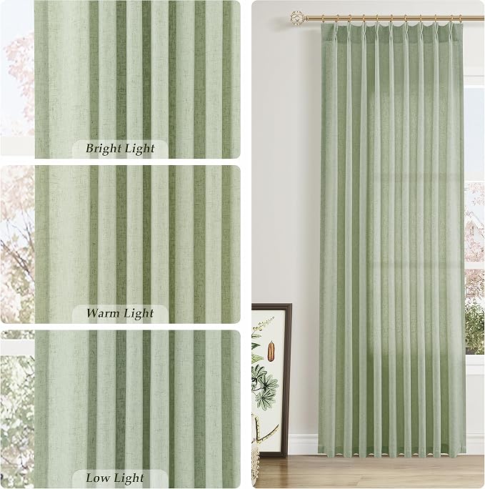 Aersas Mist Sage Pinch Pleated Linen Curtains 96 Inch Length 2 Panels for Living Room Bedroom Semi Sheer Window Curtain Boho Neutral Back Tab Pinch Pleat Drape with Hooks 40x96
