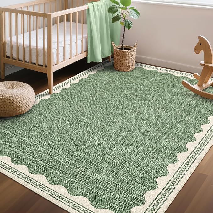 GarveeHome Scalloped 3x5 Rug Washable Non-Slip Low-Pile Indoor Rugs for Entryway Solid Sage Green Modern Carpet for Kitchen Bedroom Living Room Bathroom Indoor Mat