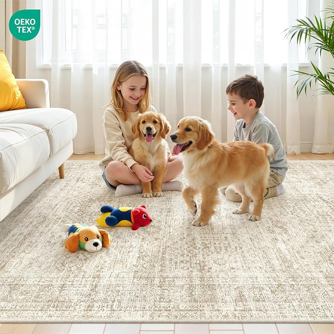 5x7 Area Rugs for Living Room,Large Washable Rug,Beige | Rugs for Bedroom,Dining Room,Office,Low Pile,Soft, Neutral Rug,Stain Resistant Indoor Carpet,Non Slip,Home Decor