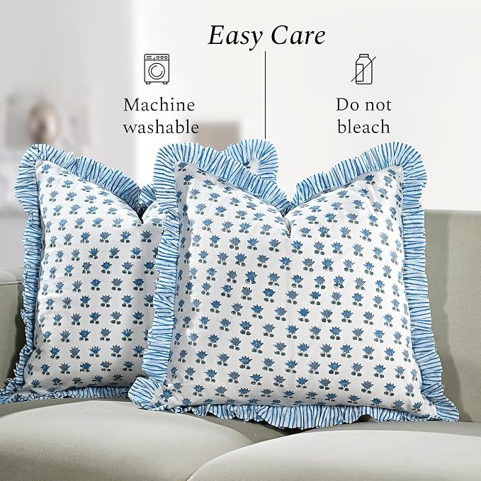 CPC Arctic Blue Hand Block Print 100% Cotton Ruffle Throw Pillow Cover 20x20 inch with Hidden Zipper Decorative for Couch, Bed, Sofa, Farmhouse, Cottagecore Decor Gift Christmas Fall Thanksgiving