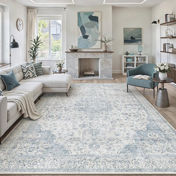 PureCozy 10x12 Area Rug Washable Neutral Blue Vintage Floral | Non Slip, Soft Low Pile, Indoor Carpet for Living Room, Bedroom, Dining Room, Coastal Decor