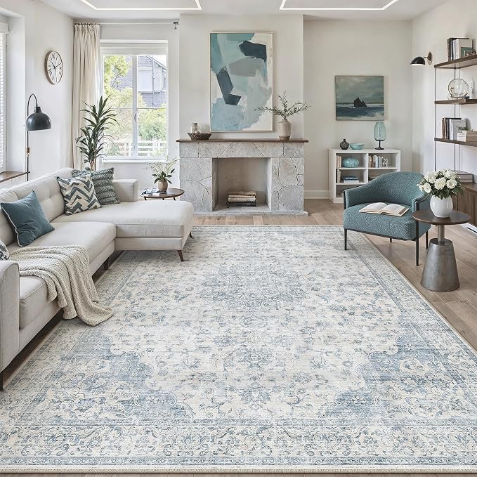 PureCozy 7x9 Area Rug Washable Neutral Blue Vintage Floral | Non Slip, Soft Low Pile, Indoor Carpet for Living Room, Bedroom, Dining Room, Coastal Decor