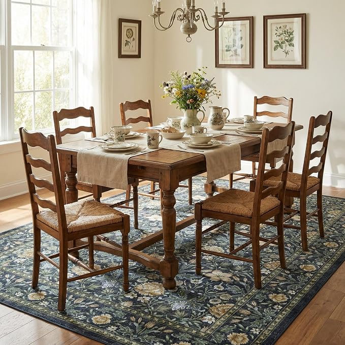 GarveeHome Washable Area Rug 6x9, Soft Vintage Floral Bedroom Rug Non Slip Low Pile Carpet Stain Resistant Throw Rug for Bedside Kids Room Office Dining Room