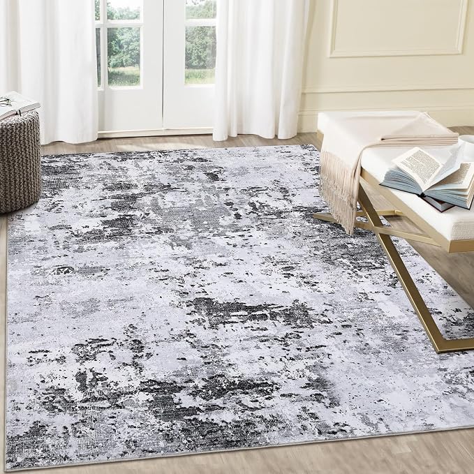ROYHOME Abstract Area Rug 4x6 for Bedroom Dining Room, Grey | Stain Resistant Carpet Modern Abstract Rugs Ultra Soft Indoor Floor Cover Low Pile Thin Rug for Living Room Office