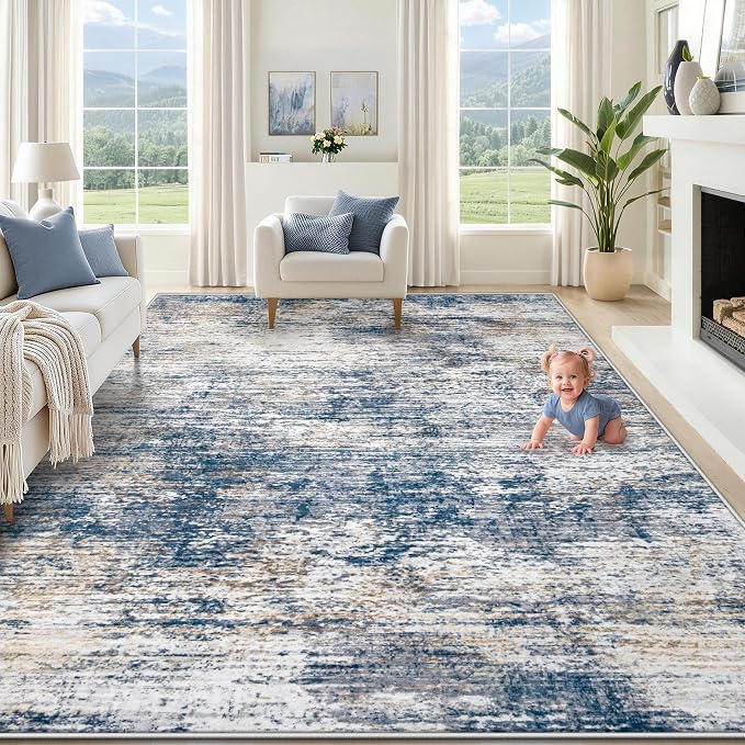 XLUEZ 8x10 Area Rugs for Living Room, Washable Modern Abstract Large Area Rug Neutral Soft Non Slip Kids Rug Stain Resistant Indoor Carpet for Bedroom Nursery Dining Children's Room(BlueWhite, 8'x10')
