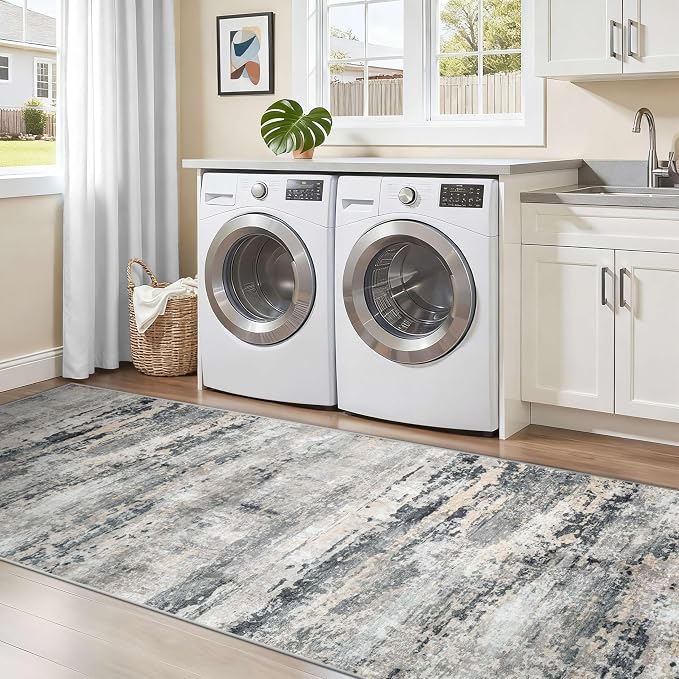 pmtsns Area Rugs 2x8 Runner Rug: Washable Hallway Rug Modern Abstract Neutral Soft Non-Slip Low-Pile Indoor Carpet for Kitchen Bedside Entrance Laundry (Black Grey Brown, 2'x8')