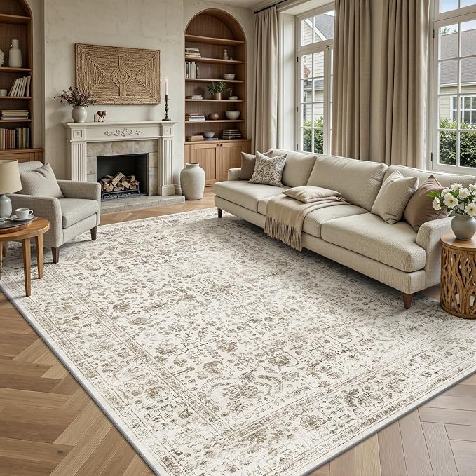 6x9 Area Rugs, Washable Vintage Retro Floral Rug for Living Room, Low Pile Non Slip Distressed Large Carpet for Bedroom, Dining Room, Office, Home (Brown)