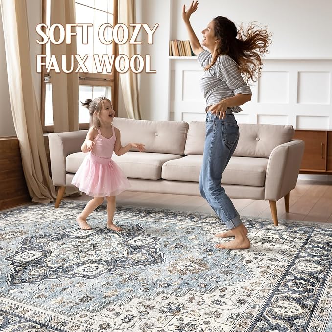 10x13 Area Rug Living Room: Washable Boho Large Neutral Vintage Soft Rug Stain Resistant Farmhouse Non-Slip Indoor Floor Carpet for Bedroom Nursery Kids Office Dining Room Home House- Blue Tan