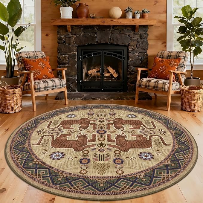 GarveeHome Tiger Round Area Rugs for Living Room, 8ft Boho Brown Animal Print Circle Rugs Non Slip, Washable Vintage Tribal Floor Carpet for Dining Room Entryway Nursery Playroom Office