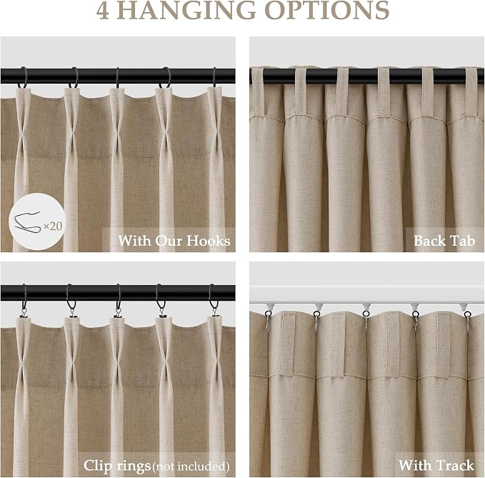 Eggshell Beige Pinch Pleated Linen Curtains 84 Inch Length 2 Panels for Living Room Bedroom Semi Sheer Light Filtering Boho Neutral Back Tab Pinch Pleat Hooks Rings Window Curtain 84 Inches Long
