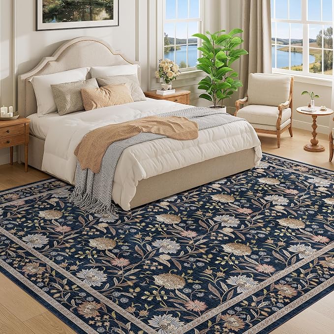 DUKINO 8x10 Area Rug Vintage Floral Washable Rug for Living Room, Navy Blue | Non Slip, Low Pile, Non-Shedding, Stain Resistant Boho Soft Indoor Large Carpet for Bedroom Dining Room Farmhouse, Home Decor