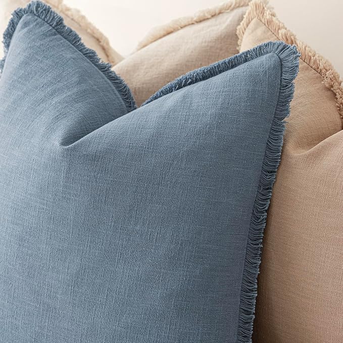 Foindtower Set of 2 Decorative Linen Fringe Throw Pillow Covers Cozy Boho Farmhouse Cushion Cover with Tassels Soft Accent Pillowcase for Couch Sofa Bed Living Room Home Decor, 22×22 Inch, Misty Blue