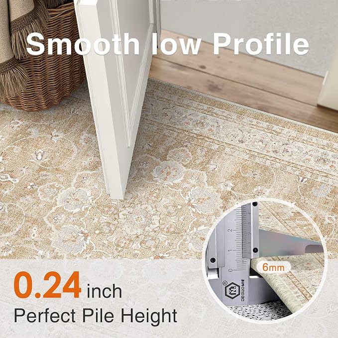 HUGEAR Hallway Runner Rugs 2x6 Machine Washable Vintage Beige Brown Throw Carpet Non Slip Stain Resistant Low Pile for Bedroom Kitchen Retro Aesthetic Modern Decor