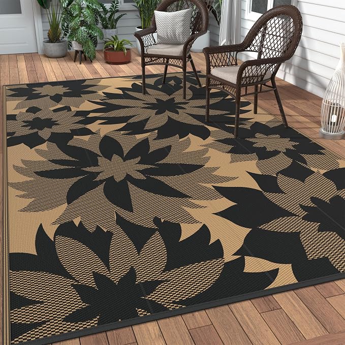 GENIMO Outdoor Rug, Waterproof Plastic Rugs for Patio, 6'x9' Raven Brown | Outside Larger Leaf Carpet Mat for Porch Decor, Deck, Balcony, Camping, RV, Backyard, Picnic, Beach, Reversible, Foldable