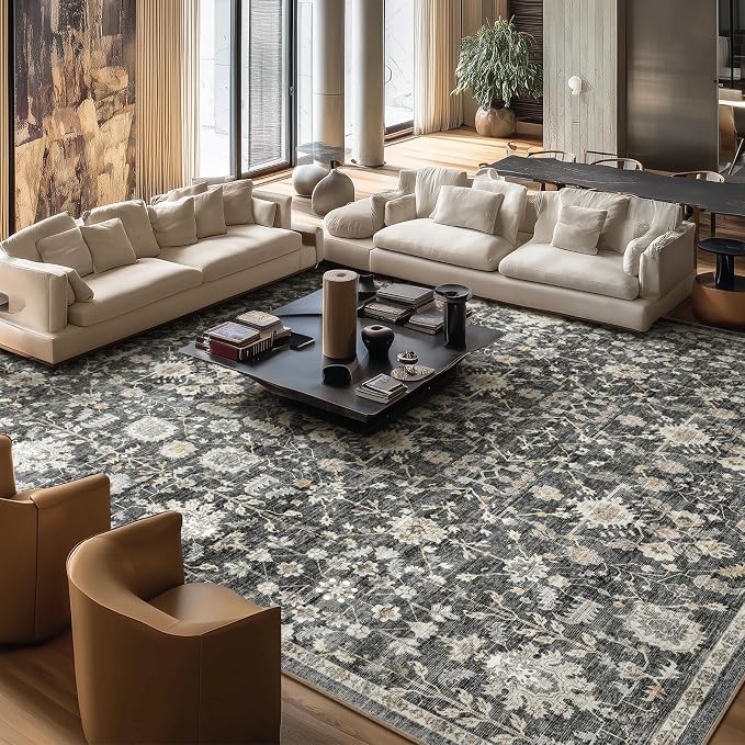Washable Rugs for Living Room: 10x14 Area Rugs for Bedroom Ultra Soft Non-Slip Stain Resistant Vintage Boho Large Carpet for High-Traffic Dining Room - Farmhouse Decor