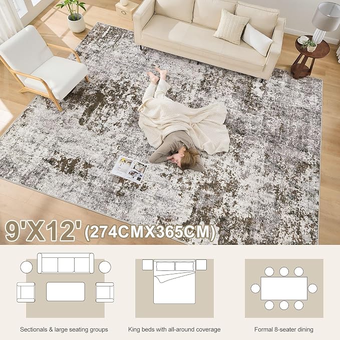 DMOYEST 9x12 Area Rug for Living Room, Washable & Non Slip Large Indoor Carpet, Kid & Pet Friendly Soft Thin Low Pile Abstract Rug for Bedroom and Office - Dark Brown