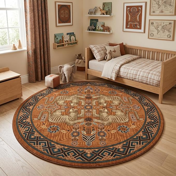 GarveeHome Tiger Round Area Rugs for Kids Room, 6ft Boho Orange Animal Print Circle Rugs Non Slip, Washable Vintage Tribal Floor Carpet for Dining Room Entryway Nursery Playroom Office