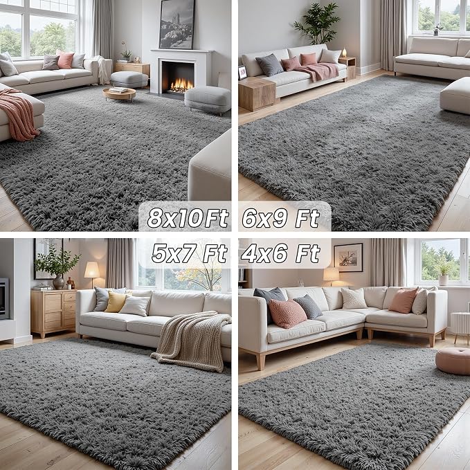 8x10 Area Rugs for Living Room Rug: Soft Fluffy Shag Light Gray Rugs for Bedroom, Non-Slip Large Fuzzy Plush Rug Indoor Floor Carpet for Nursery Kids Boys Girl Room, Dorms, Playroom, Modern Home Decor
