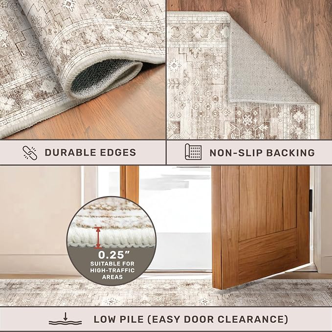 Hazo Haus Washable Neutral Farmhouse Living Room Rug, 5x7 Area Rugs for Bedroom, Nursery Room, Boho Vintage Floral Non-Slip Rug Low Pile Stain Resistant (5x7 Beige/Latte)