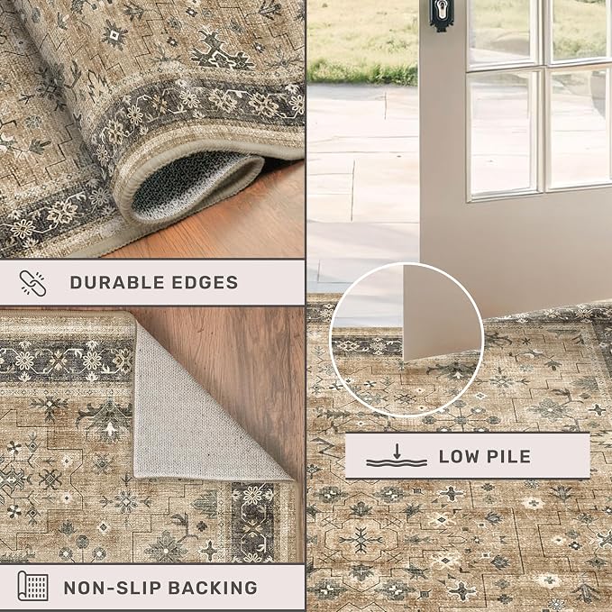 Vintage Taupe Sage 6x9 Rug for Living Room - Washable Dining Room Rugs for Under Table, Low Pile Non-Slip Carpet for Bedroom - Natural Earthy & Boho Eclectic Home Decor