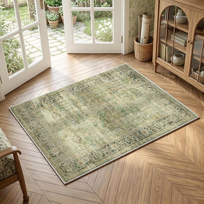2x3 Washable Green Vintage Distressed Oriental Retro Entryway Rug | Non Slip Low Pile Oriental Soft Thin Small Carpet Throw Rugs Door Mat Retro Entry Entrance Kitchen Bedroom Bathroom Laundry