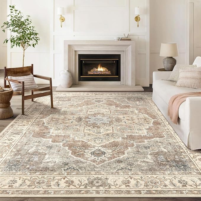 10x14 Washable Area Rug: Vintage Neutral Soft Non Slip Thin Large Floor Carpet for Living Room Bedroom Kitchen Dining Room Home Office Farmhouse Indoor - Beige Brown