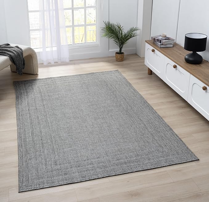 Berry Easy Jute Indoor Outdoor Rug, 8x10 Neutral Bordered Jute Look, Weather Resistant, Easy Care, Lightweight Outdoor Farmhouse Carpet for Patio, Porch, Living Room (8' x 10', Gray)