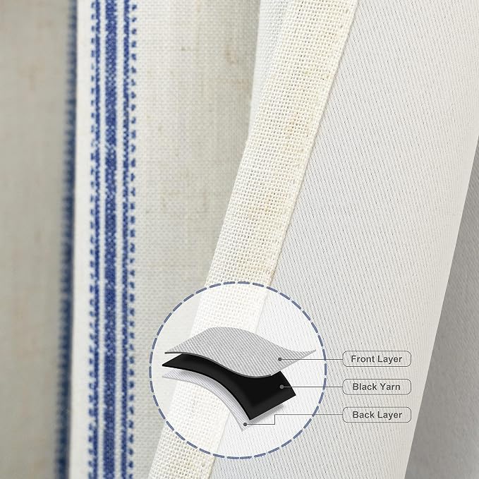 DriftAway Farmhouse Stripe Blackout Curtains, W52xL63, Navy Blue | Blackout, Linen Texture, Stripe Pattern, Rod Pocket & Back Tab, Two Layers, Bedroom Living Room Use, Sound Reducing Design